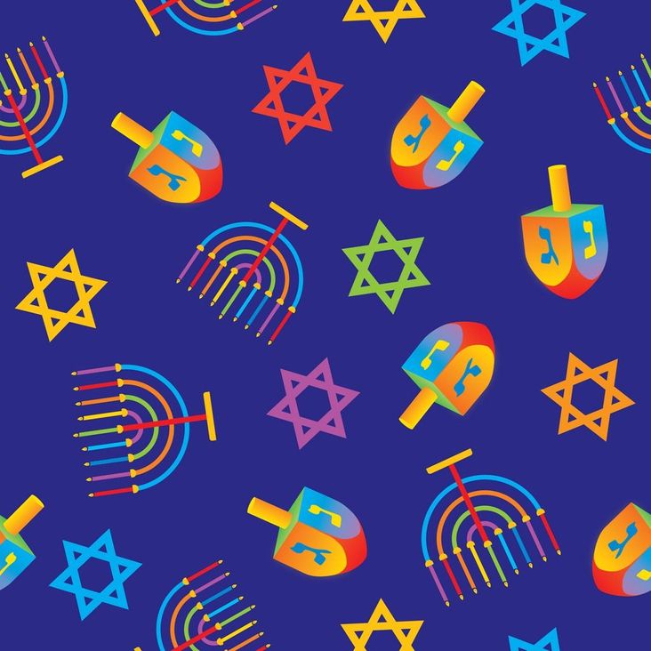 Repeating rainbow dreidel, star of david and menorah patter.