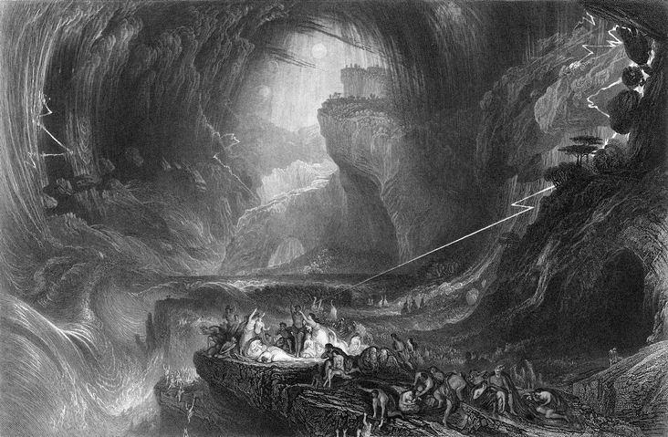 The Deluge, drawn by J Martin, Engraved by W Miller. Published by Blackie & Son. 1844, depicting the biblical flood.