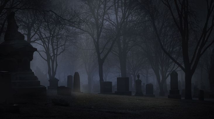 A cemetery at night, with fog