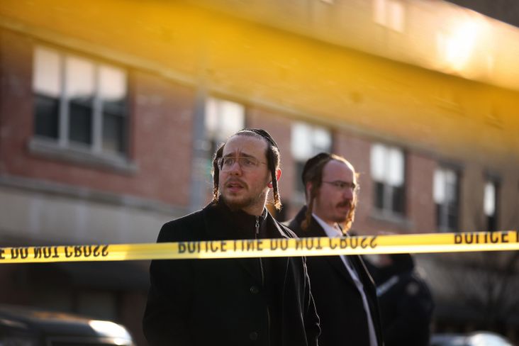 Members of the Jewish community gather around the JC Kosher Supermarket on December 11, 2019 in Jersey City, New Jersey.