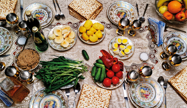 A table set for the Passover Seder.