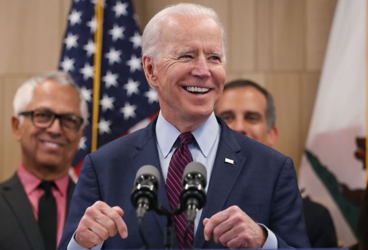 Democratic presidential candidate former Vice President Joe Biden speaks while standing with supporters at a campaign event at the W Los Angeles hotel on March 4, 2020 in Los Angeles, California.
