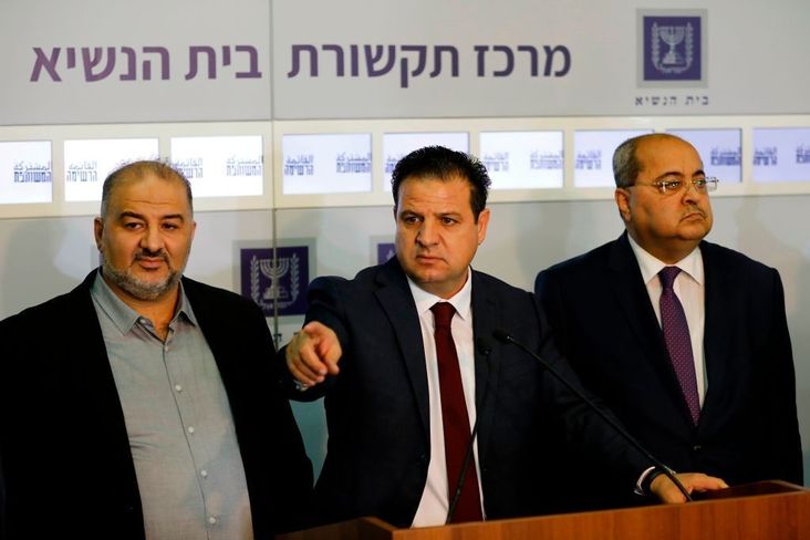 Members of the Joint List (from left) Mansour Abbas, Ayman Odeh and Ahmad Tibi speak to the press following their consulting meeting with Israeli President Reuven Rivlin to decide who to task with trying to form a new government, in Jerusalem on September 22, 2019.