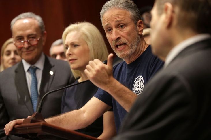 Jon Stewart with Senators Charles Schumer and Kirsten Gillibrand.