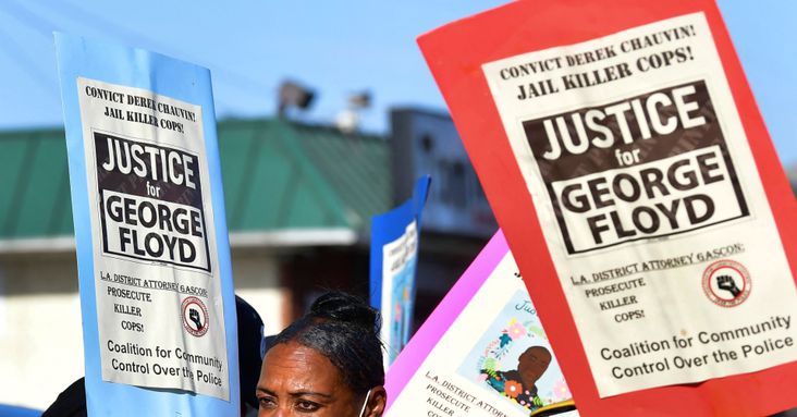 People celebrate the guilty verdict of Derek Chauvin in Los Angeles, California