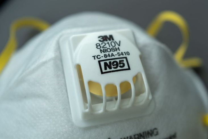 Close-up of N95 respirator mask during an outbreak of COVID-19 coronavirus, San Francisco, California, March 30, 2020.
