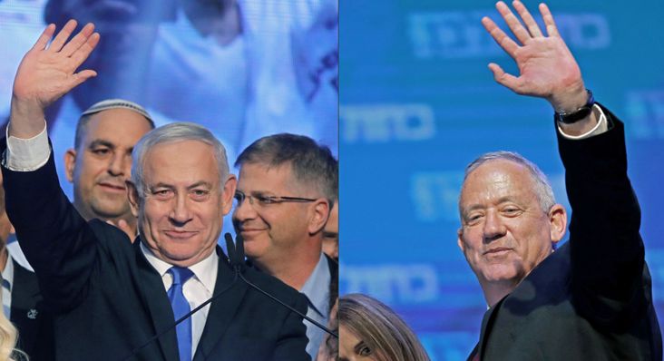 Israeli Prime Minister Benjamin Netanyahu (left) and opposition leader Benny Gantz wave to their respective crowds during their election night rallies, September 17, 2019.