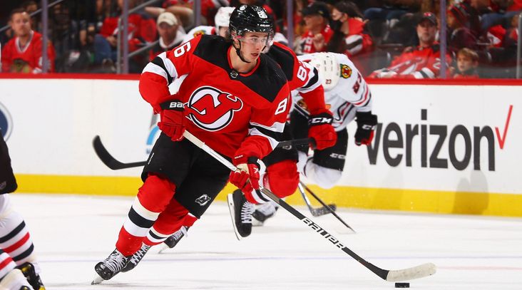 Jack Hughes in action for the New Jersey Devils at the Prudential Center in Newark, N.J., Oct. 15, 2021. (Mike Stobe/NHLI via Getty Images)