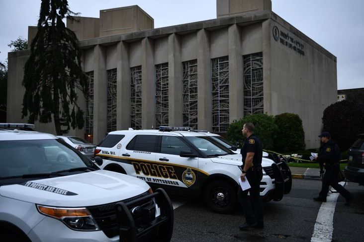 Police vehicles outside Tree of Life synagogue in Pittsburgh, Oct. 27, 2018