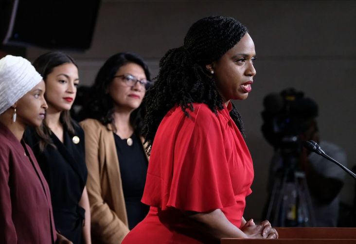 Rep. Ayanna Pressley (D-MA) speaks while Reps. Ilhan Omar (D-MN), Alexandria Ocasio-Cortez (D-NY), and Rashida Tlaib (D-MI) listen during a press conference at the U.S. Capitol on July 15, 2019.