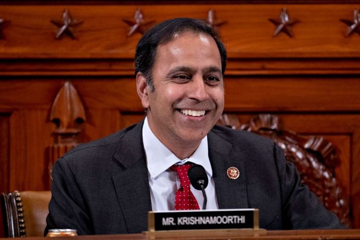 Rep. Raja Krishnamoorthi, a Democrat from Illinois, smiles while questioning witnesses during a House Intelligence Committee impeachment inquiry hearing on Capitol Hill November 21, 2019 in Washington, DC.