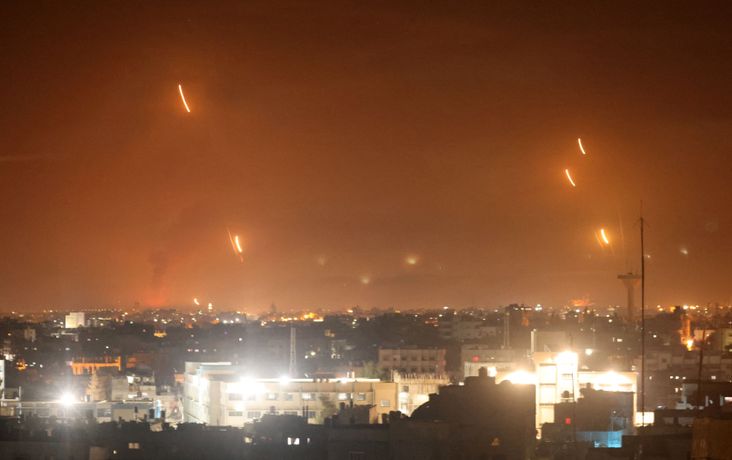 Rockets launch toward Israel from the Gaza Strip.