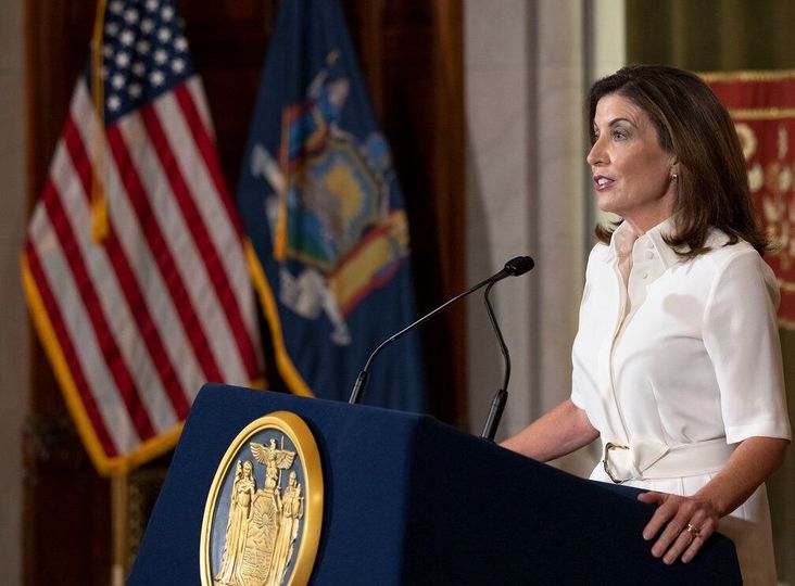 Governor Kathy Hochul delivers an address to New Yorkers from the Red Room at the State Capitol.