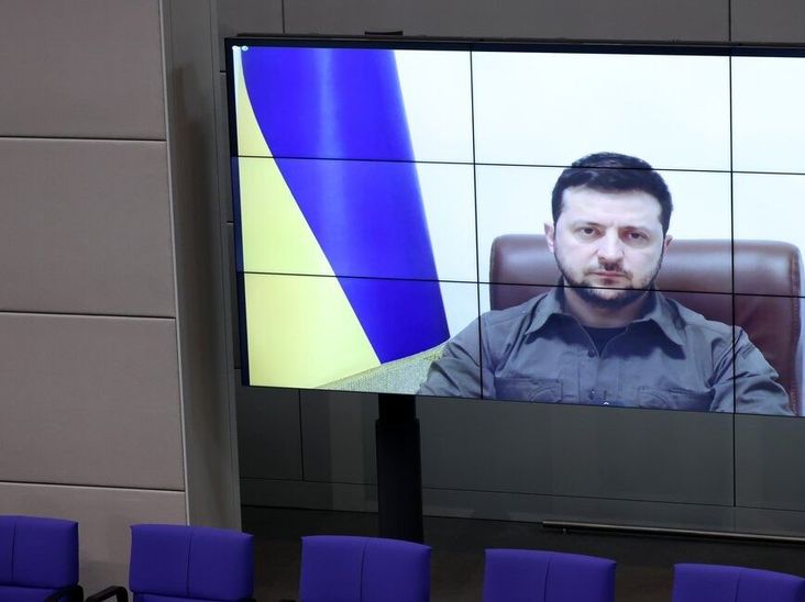Volodymyr Zelenskiy, Ukraine's president, via video link at the Bundestag in Berlin, Germany, on Thursday, March 17, 2022.