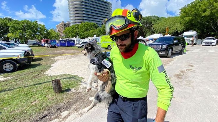 Moises Soffer, a volunteer with the Latin American Jewish organization Cadena International, is helping with the search with his dog Oreo, a pomsky who at just under two years old is specially trained to find survivors.