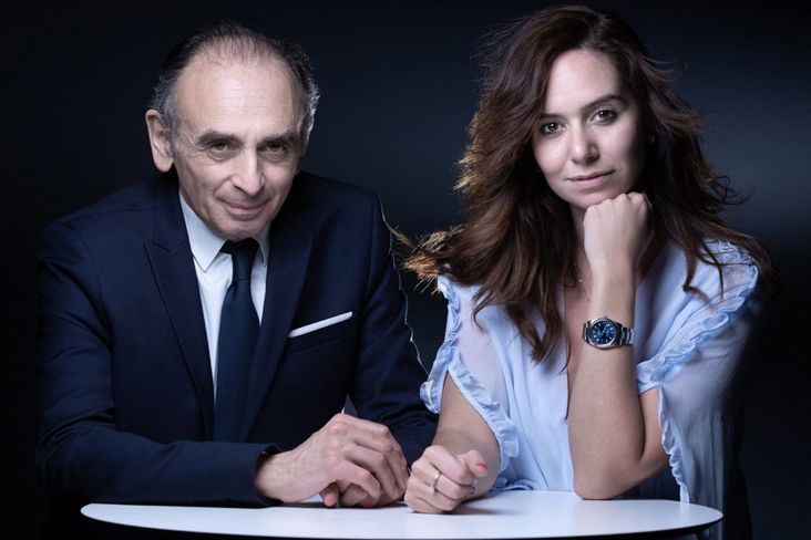 Zemmour and Knafo pose during a photo session in Paris, April 22, 2021. (Joel Saget/AFP via Getty Images)