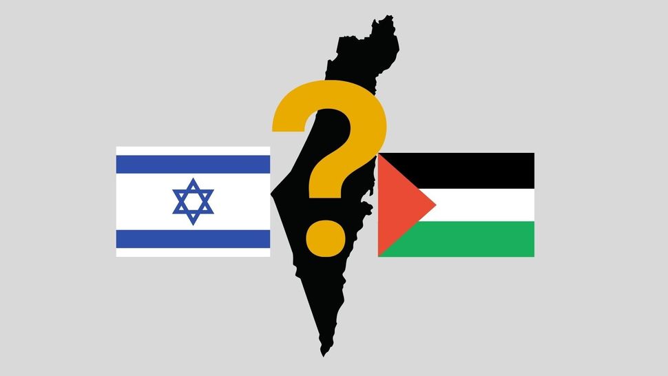Israeli and Palestinian flags with a question mark