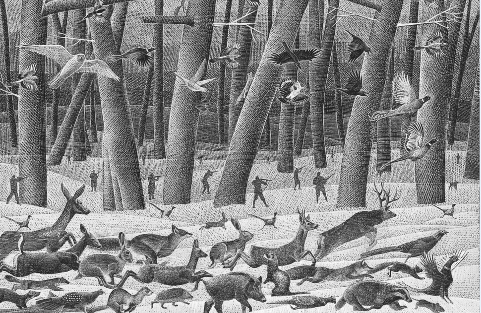 Forest animals flee hunters in "The Original Bambi" (Princeton University Press).